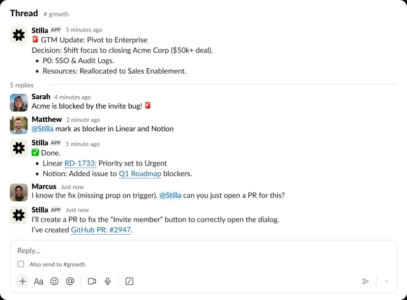 Slack thread with @Stilla mentioned
