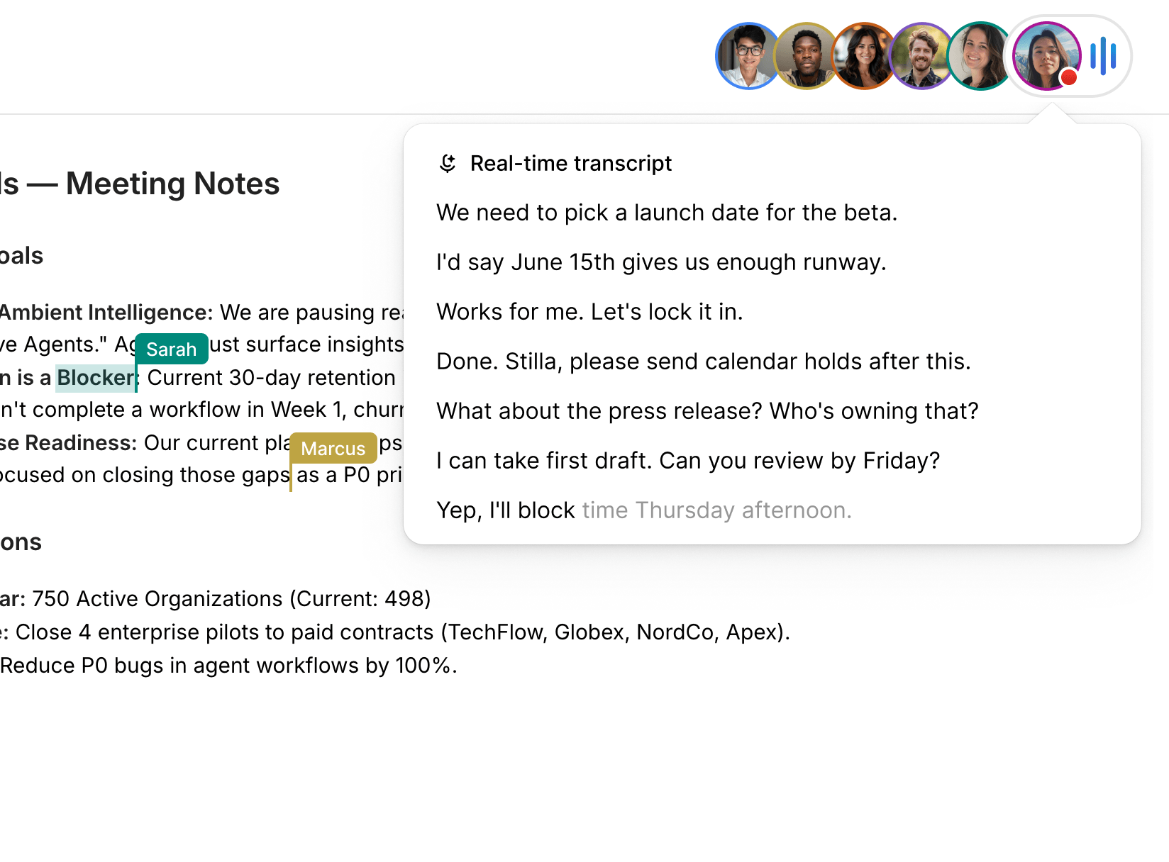Stilla real-time meeting transcript with speaker identification